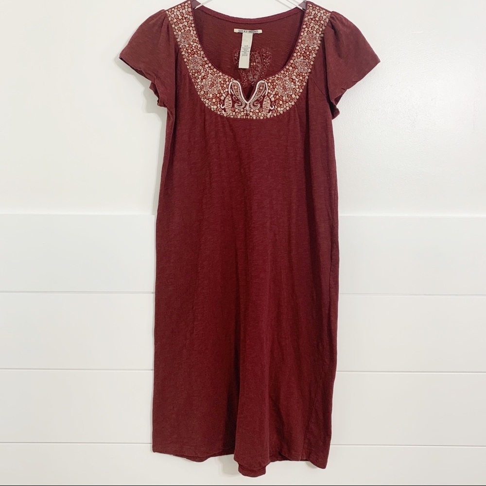 Lucky Brand wine red embroidered boho cotton dress